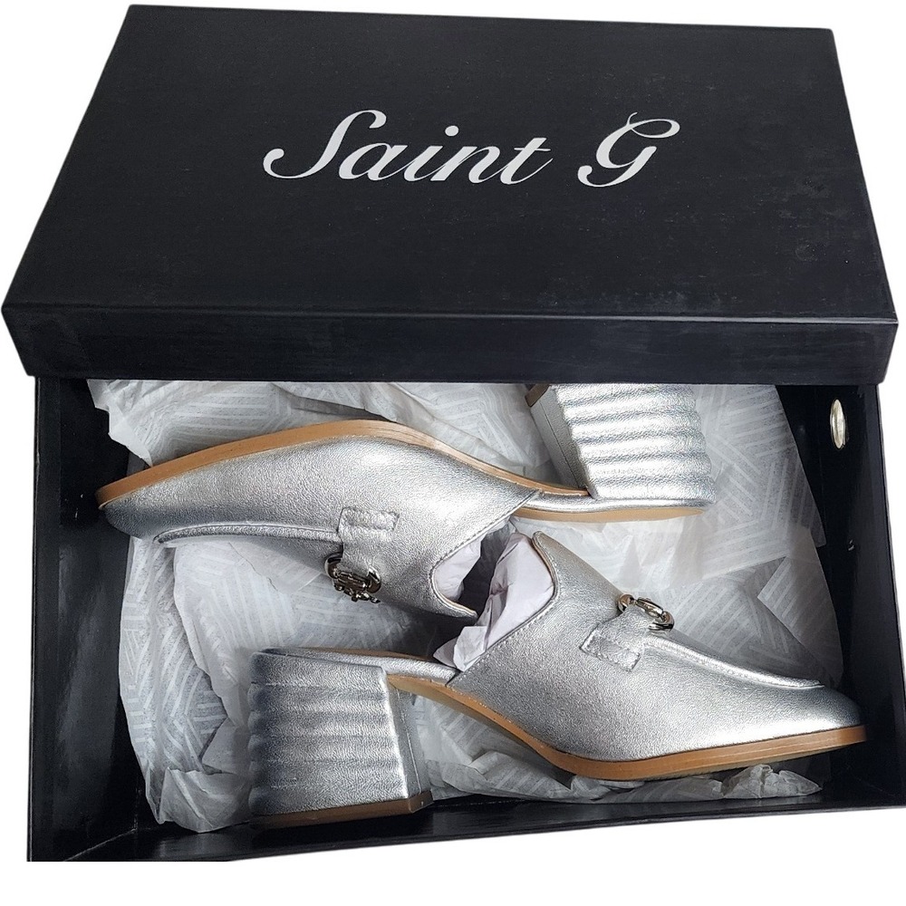 Saint G Jasmine Silver Metallic Leather Horsebit Mules Women's US 5